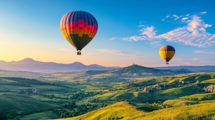 Fototapeta premium Vibrant travel wallpaper with hot air balloons flying over green valleys and distant hills under a clear blue sky.