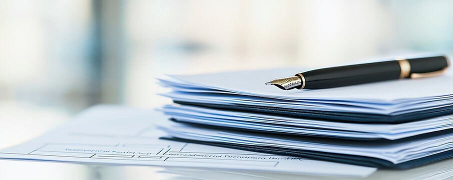 A close-up view of a pen resting on a neat stack of documents, ideal for business and office themes.