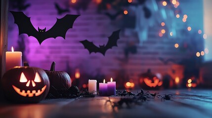 Indoor Halloween setup with floating candles, bat silhouettes, and glowing purple pumpkins