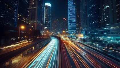 Fototapeta premium A bustling city at night, with skyscrapers illuminated and traffic creating streaks of light
