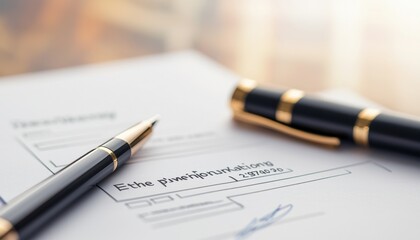 Elegant pen resting on a contract with a blurred background, symbolizing professionalism and legal documentation.