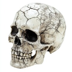 Obraz premium Isolated skull with cracks and a weathered texture on a white background
