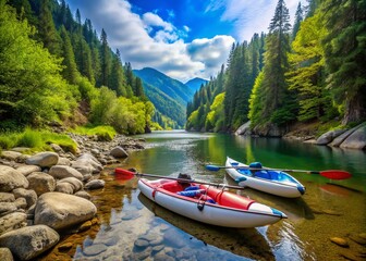 Vibrant inflatables await adventure on a rugged riverbank, surrounded by lush green forest, with a striking white and gray kayak and red and blue paddles.