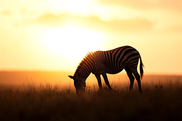 Obraz premium A silhouette of a zebra grazing in a field at sunset, highlighting nature's beauty.