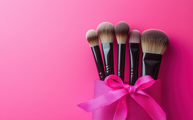 Set of makeup brushes neatly organized in a pink cosmetic bag, makeup bag on pastel pink background, make-up products set