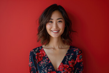 Fototapeta premium A young woman smiles at the camera with a red background