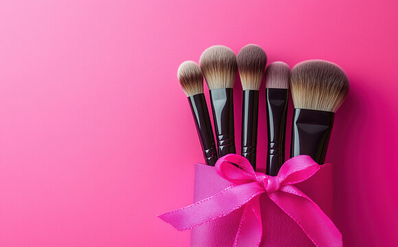 Set of makeup brushes neatly organized in a pink cosmetic bag, makeup bag on pastel pink background, make-up products set