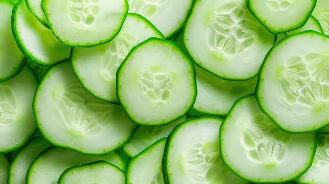 Fresh cucumber slices arranged beautifully, showcasing vibrant green colors and crisp textures, perfect for healthy recipes.
