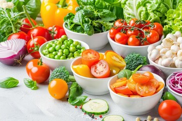A vibrant assortment of fresh vegetables in bowls, showcasing colorful tomatoes, greens, and other produce for healthy cooking.