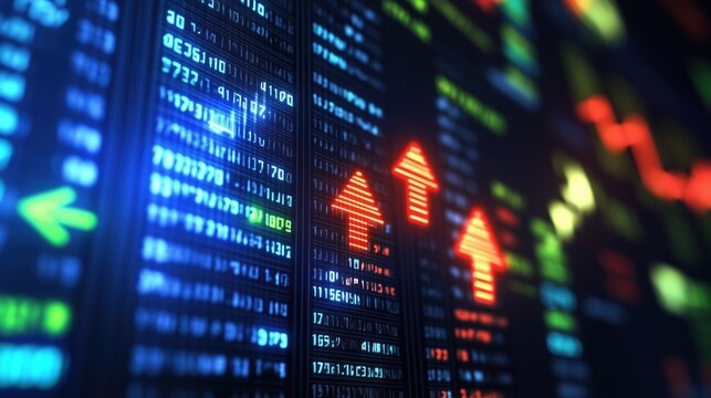 A computer screen shows a stock market graph with two red arrows pointing up. The graph is filled with numbers and symbols, and the overall mood of the image is one of excitement and anticipation