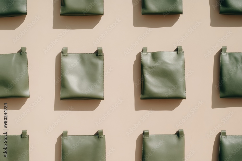 Aufkleber minimalist green leather bags on beige background with repetitive pattern and soft shadows