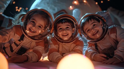Space exploration family costume theme with glowing astronaut helmets, Halloween-themed moon setting