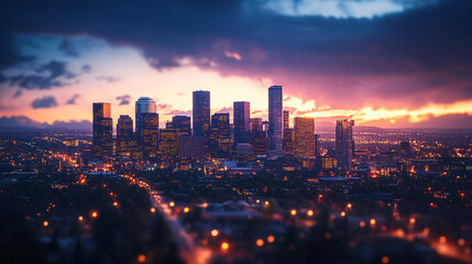 Fototapeta premium city skyline at sunset with purple and orange sky - denver, colorado
