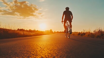 Back view silhouette shadow of a cyclist riding a bicycle on asphalt road at dusk sunset. Summer outdoor sport activity lifestyle, healthy male evening travel.