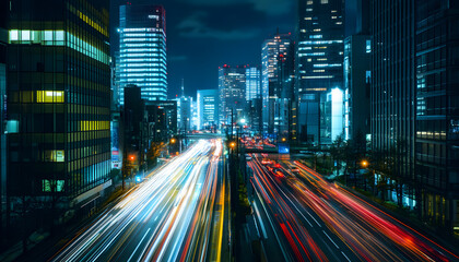 Fototapeta premium A bustling city at night, with skyscrapers illuminated and traffic creating streaks of light