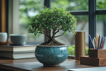 Bonsai Tree on a Wooden Desk