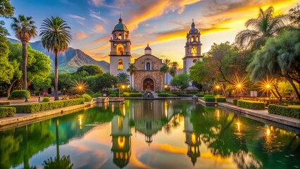 Obraz premium Historic Santa Lucia Church stands majestically amidst lush greenery and tranquil water features within Fundidora Park in Monterrey, Nuevo León, Mexico at sunset.