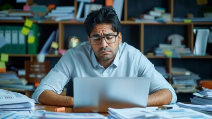 Obraz premium Business executive with a tense expression, working on a laptop surrounded by urgent paperwork and a cluttered desk, showcasing the strain of deadline pressure and overwork