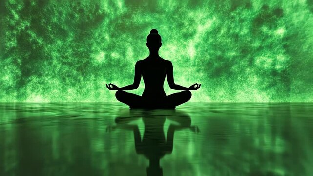 Silhouette of a woman practicing yoga, meditating in the lotus position in front of an abstract green nebula with reflection on the water