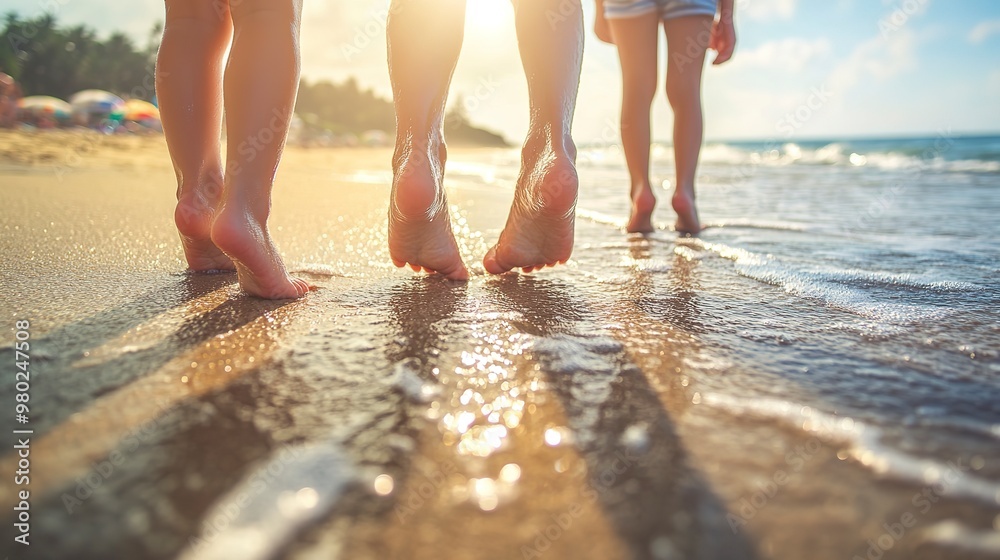 Poster Close up of a kids feet lined up on a sunlit beach, family travel trip, family vacation 