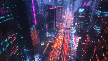 Fototapeta premium A bustling city at night, with skyscrapers illuminated and traffic creating streaks of light