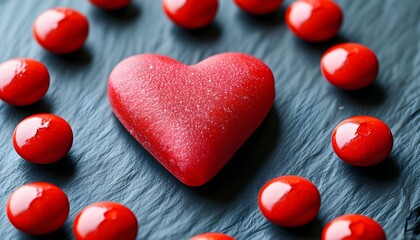 Heart-shaped red gummies and round red pills on dark slate, representing love and health supplements