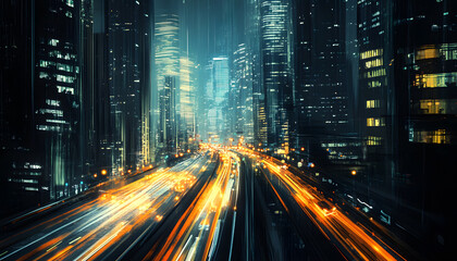 Naklejka premium A bustling city at night, with skyscrapers illuminated and traffic creating streaks of light