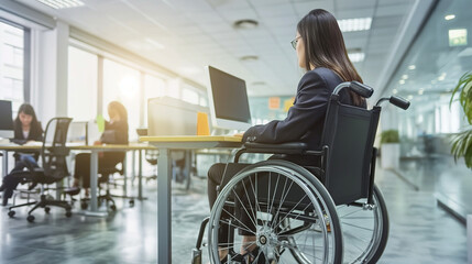 Woman in a wheelchair at a desk in a modern office.