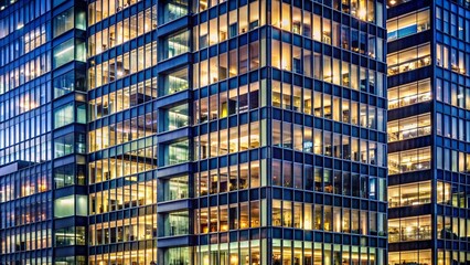 Obraz premium Geometric pattern of illuminated office building windows at night, highlighting sleek glass architecture and symbolism of corporate success and urban business prosperity.
