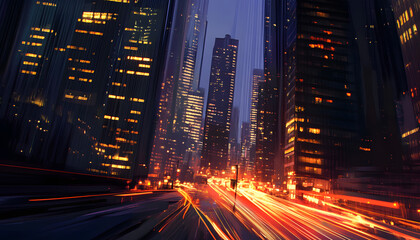 Obraz premium A bustling city at night, with skyscrapers illuminated and traffic creating streaks of light