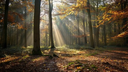 a canopy of leaves in a forest, glowing in the warm light of the golden hour, with sunbeams filtering through and casting soft shadows on the ground, with copy space for text