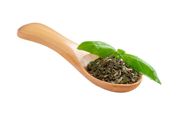 Dried basil in a wooden spoon isolated on a white background. Se