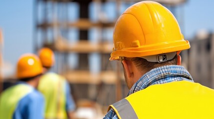 Construction workers in safety gear diligently monitor the building site progress under a clear blue sky.