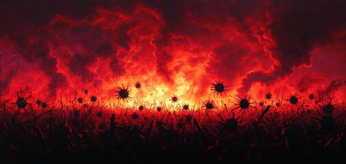 A dramatic scene depicting a fiery landscape filled with ominous silhouettes of viruses against a dark, smoky background.