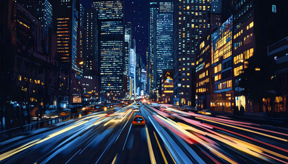 Fototapeta premium A bustling city at night, with skyscrapers illuminated and traffic creating streaks of light