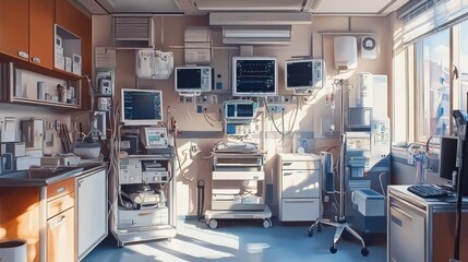 A hospital room filled with equipment photorealism art 