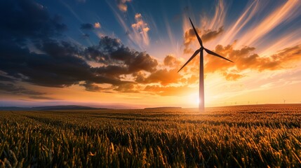 Obraz premium golden field with a solitary windmill, gently turning in the breeze as the sun sets, creating a peaceful and timeless scene, with clear copy space for text