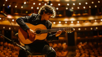 Fototapeta premium An elegant acoustic guitar performance takes place at the prestigious National Concert Hall, where the audience enjoys an evening of beautiful music