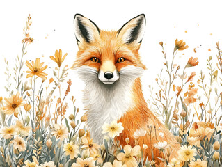 Obraz premium A charming fox amidst vibrant flowers, showcasing nature's beauty in a serene, colorful landscape.