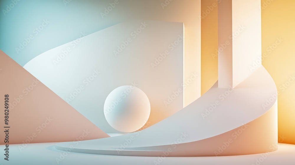 Fototapete 3d abstract geometric shapes in a futuristic scene, offering space for text in a clean, minimalistic