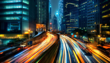 Obraz premium A bustling city at night, with skyscrapers illuminated and traffic creating streaks of light