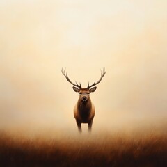 Obraz premium A majestic deer stands gracefully in a foggy landscape, showcasing nature's beauty and tranquility during sunrise.
