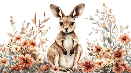 Fototapeta premium A charming illustration of a rabbit surrounded by colorful flowers, showcasing the beauty of nature and wildlife.