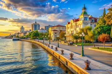 Fototapeta premium Vibrant city embankment basks in warm sunlight, showcasing picturesque views of the Black Sea and historic buildings along the scenic waterfront promenade.