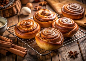 Freshly baked cinnamon roll center swirl cookies, a sweet bakery specialty, cool on a rustic wooden rack, surrounded by warm lighting and homely atmosphere.