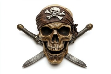 A detailed pirate skull with a bandana and crossed swords, isolated on white, perfect for stock images with a dark or adventurous theme