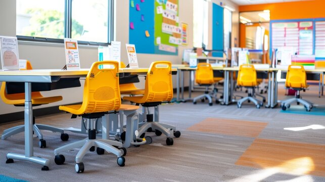 A classroom with adjustable desks and ergonomic chairs for handicapped students, with a focus on accessibility and comfort. The space is bright and welcoming, with educational materials displayed