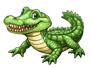 Naklejka premium A cheerful cartoon crocodile with vibrant green scales and a friendly smile, perfect for children's illustrations and education.