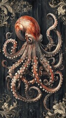 Octopus depicted against luxurious curtains, with intricate details highlighting its elegant and exotic appearance.