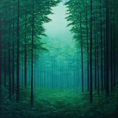 Naklejka premium A serene forest landscape enveloped in mist, showcasing vibrant green trees and a peaceful atmosphere for nature lovers.